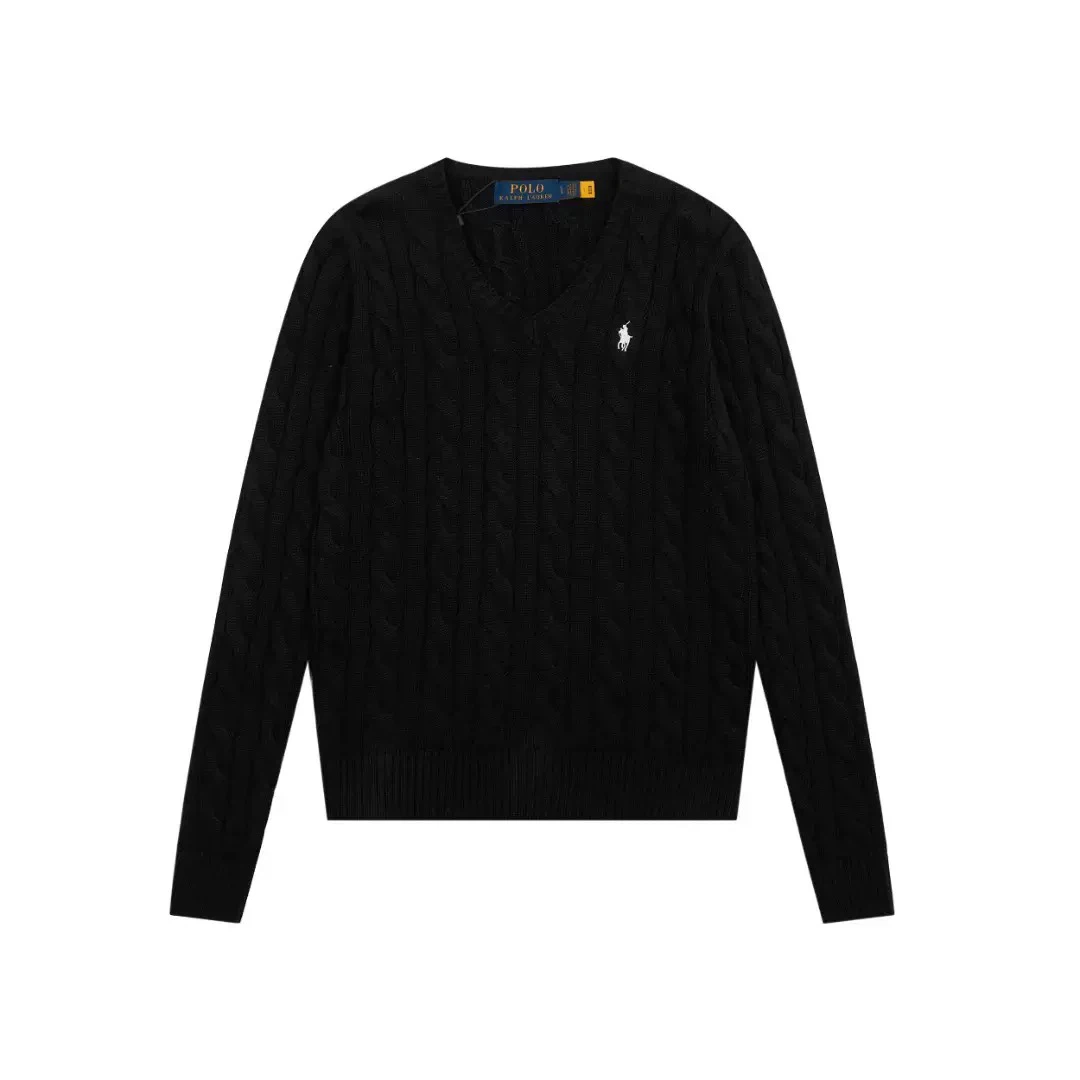 Polo Ralph Lauren Pony Logo Cable‑Knit V‑Neck Sweater, Black Women Long Sleeve Jumper